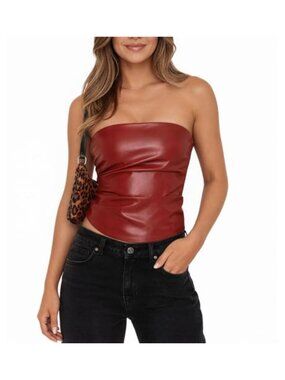 PU Leather Ruchad Backless Strapless Tube Top Y2K Crop Top Summer